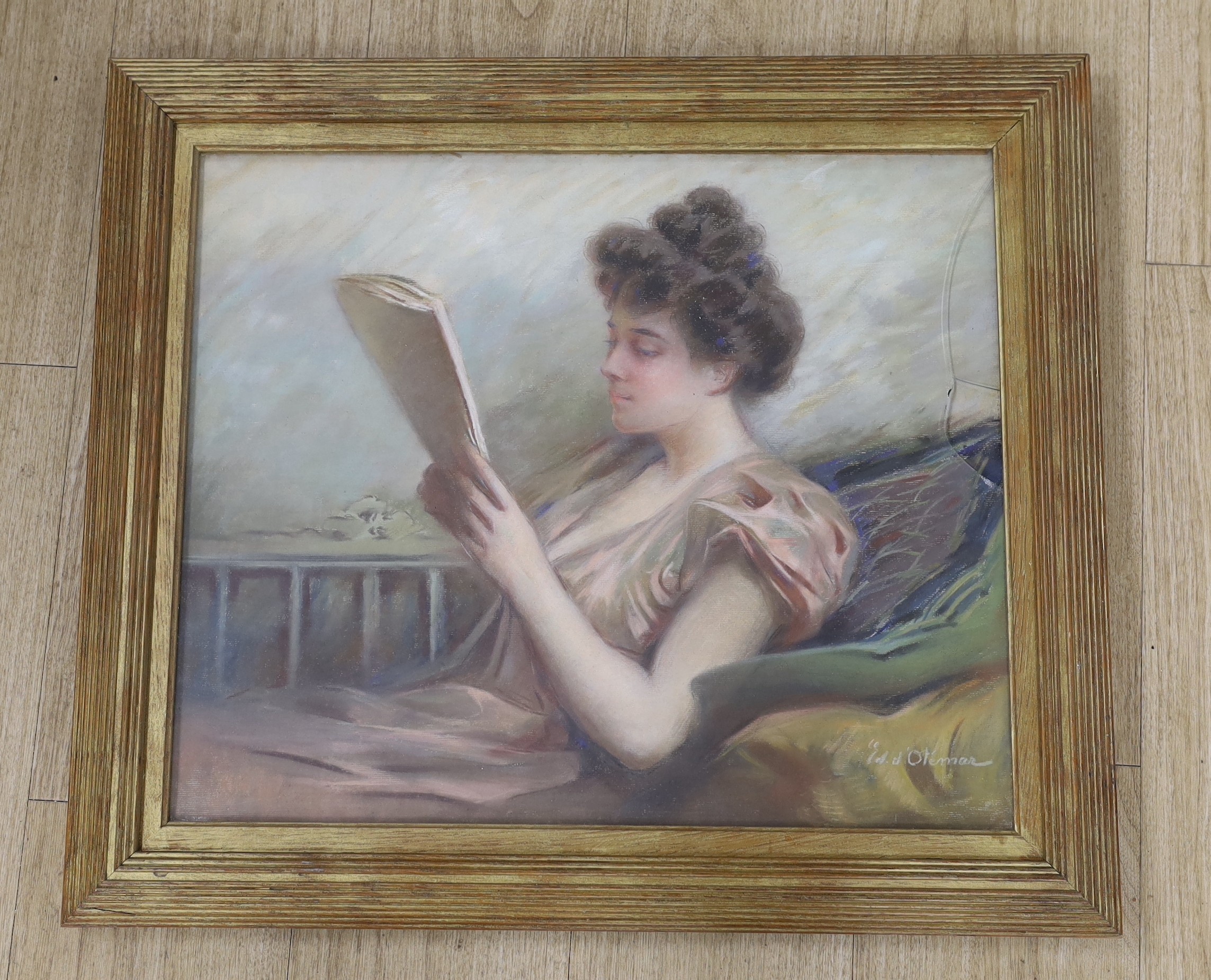 Marie Adolphe Edouard Modérat d'Otemar (French, Exh.1889-1906), pastel, Young lady reading a newspaper, signed, 45 x 54cm